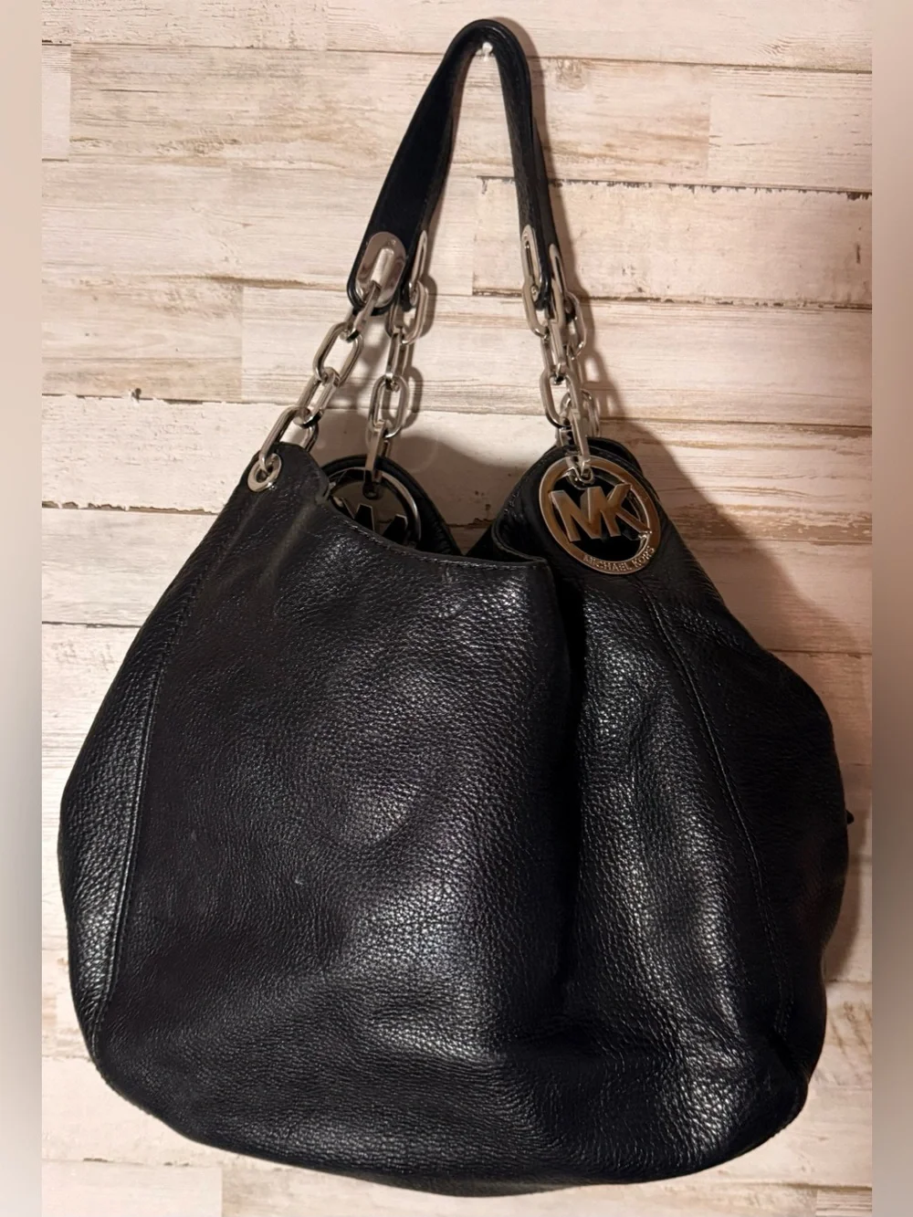Michael Kors Black Pebbled Leather Shoulder Hobo with Chain Accents